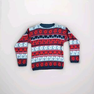 Vtg IN DESIGN Sweater Flowers Hearts Ribbons USA Made Womens Roundneck Blue Red